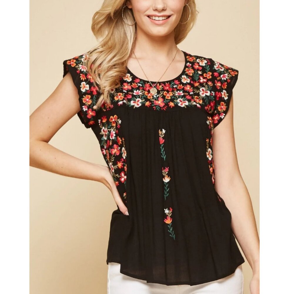 NWT Savanna Jane Women's Black Flutter Sleeve Embroidered Blouse Top